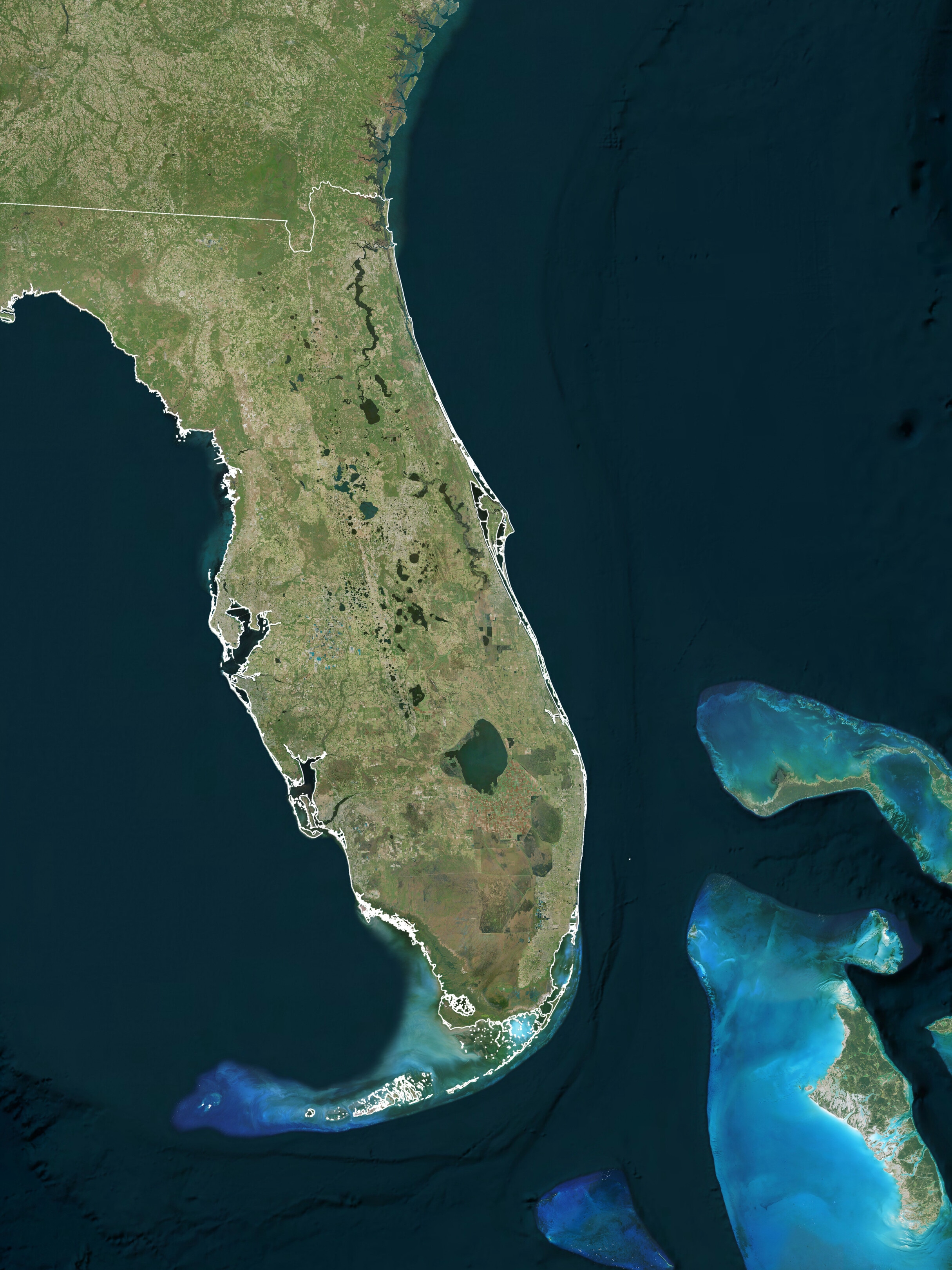 Satellite view of the Florida peninsula, the Atlantic coast from Cape Canaveral down to Miami